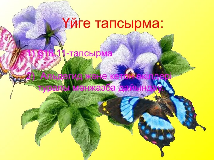 Үйге тапсырма: §18,11-тапсырма Альдегид және кетон өкілдері туралы мәнжазба дайындау.