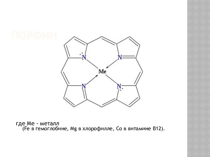 ПОРФИН где Ме - металл (Fe в гемоглобине, Mg в хлорофилле, Co в витамине В12).