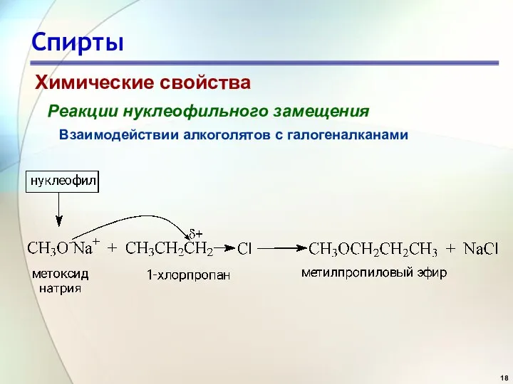 Спирты Химические свойства Реакции нуклеофильного замещения Взаимодействии алкоголятов с галогеналканами