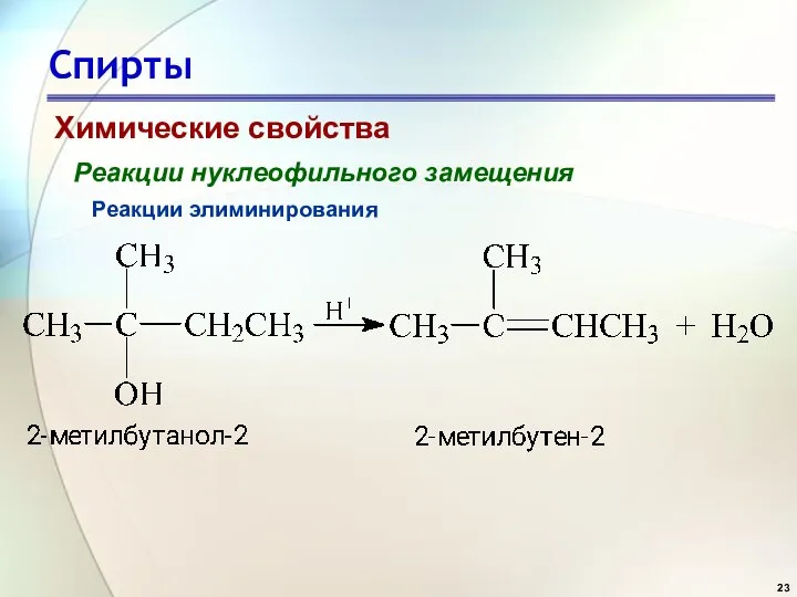 Спирты Химические свойства Реакции нуклеофильного замещения Реакции элиминирования