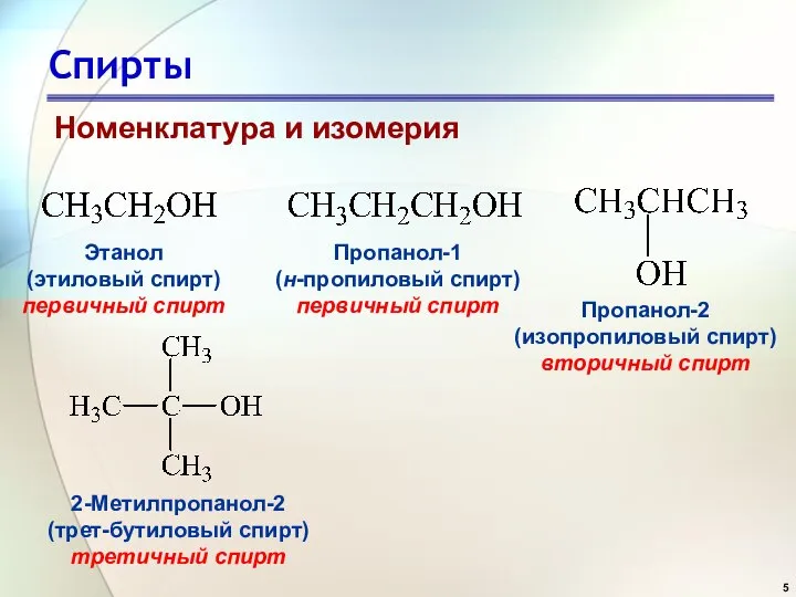 Спирты Номенклатура и изомерия Этанол (этиловый спирт) первичный спирт Пропанол-1 (н-пропиловый