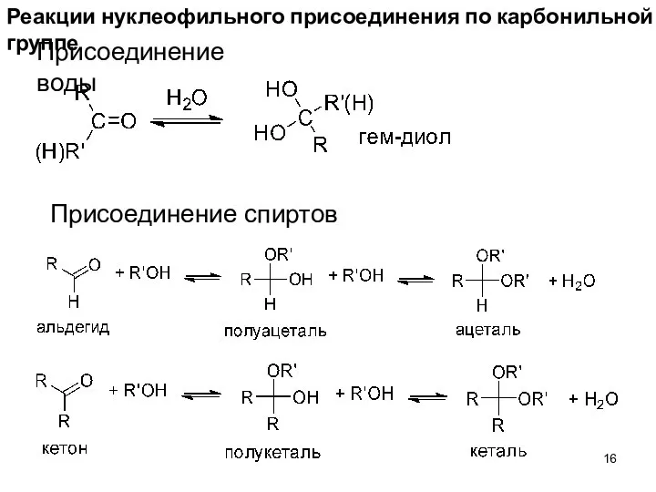 Реакции нуклеофильного присоединения по карбонильной группе Присоединение воды Присоединение спиртов