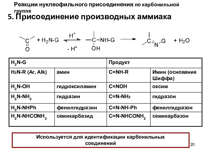 5. Присоединение производных аммиака Используется для идентификации карбонильных соединений Реакции нуклеофильного присоединения по карбонильной группе