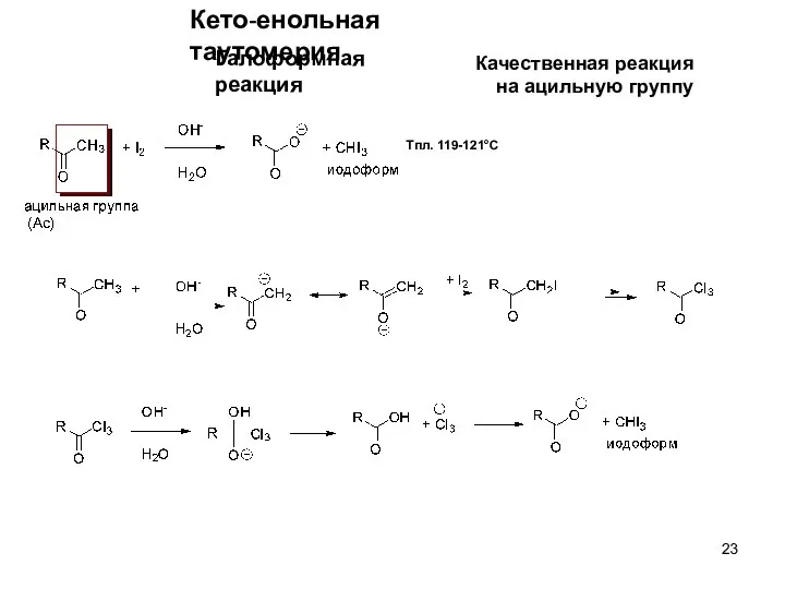Кето-енольная таутомерия Качественная реакция на ацильную группу Тпл. 119-121°С Галоформная реакция