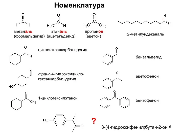 2-метилундеканаль Номенклатура метаналь этаналь пропанон (формальдегид) (ацетальдегид) (ацетон) циклогексанкарбальдегид транс-4-гидроксицикло-гексанкарбальдегид 1-циклогексилэтанон бензальдегид ацетофенон бензофенон ? 3-(4-гидроксифенил)бутан-2-он