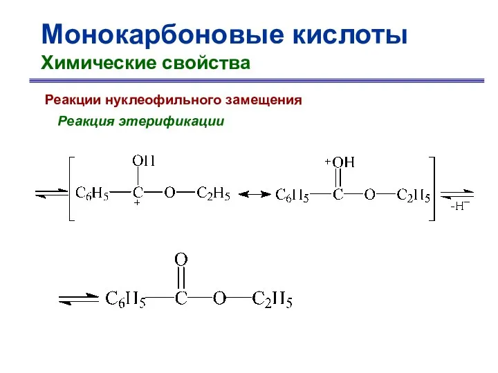 Монокарбоновые кислоты Химические свойства Реакции нуклеофильного замещения Реакция этерификации