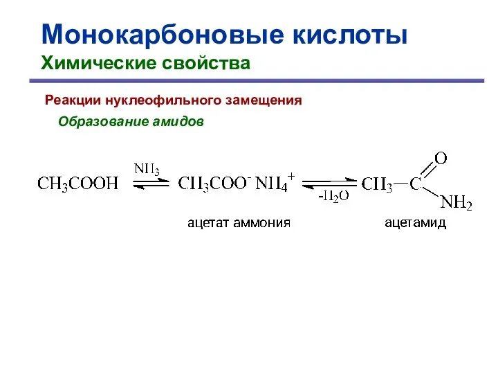 Монокарбоновые кислоты Химические свойства Реакции нуклеофильного замещения Образование амидов