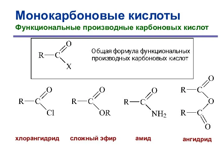 Монокарбоновые кислоты Функциональные производные карбоновых кислот хлорангидрид сложный эфир амид ангидрид