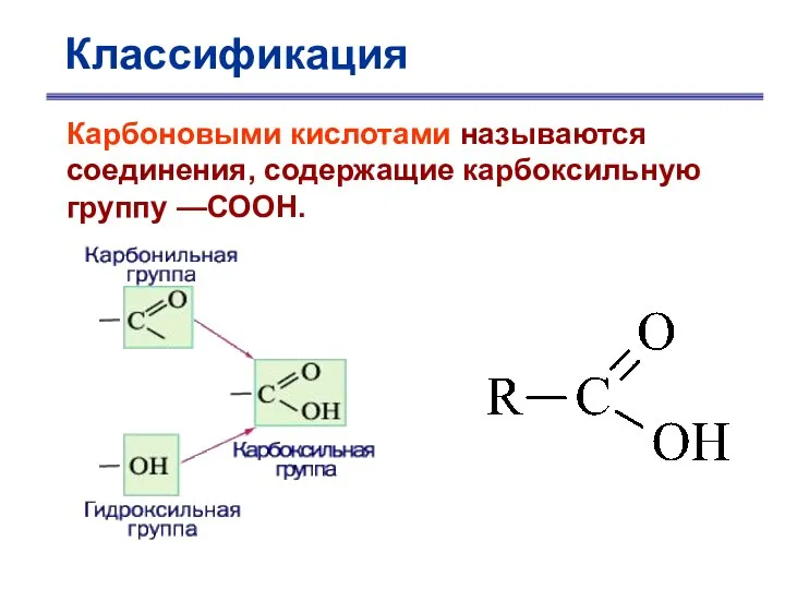 Классификация Карбоновыми кислотами называются соединения, содержащие карбоксильную группу —СООН.