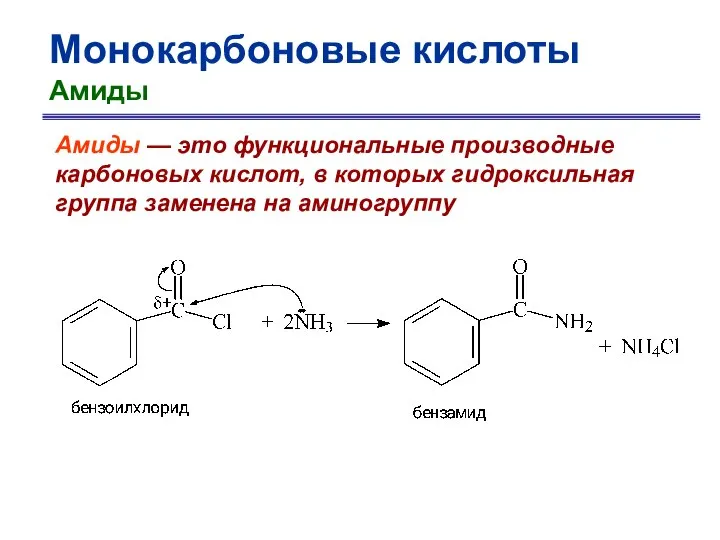 Монокарбоновые кислоты Амиды Амиды — это функциональные производные карбоновых кислот, в