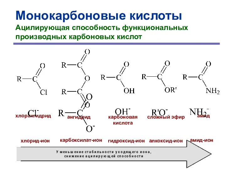 Монокарбоновые кислоты Ацилирующая способность функциональных производных карбоновых кислот