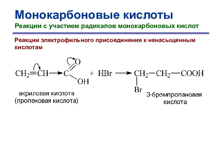 Монокарбоновые кислоты Реакции с участием радикалов монокарбоновых кислот Реакции электрофильного присоединения к ненасыщенным кислотам