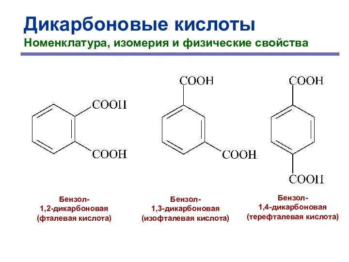 Дикарбоновые кислоты Номенклатура, изомерия и физические свойства Бензол- 1,2-дикарбоновая (фталевая кислота)