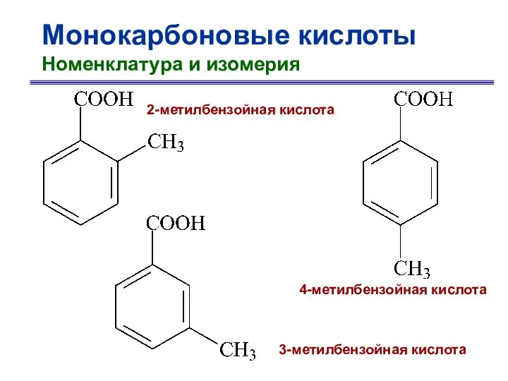 Монокарбоновые кислоты Номенклатура и изомерия 2-метилбензойная кислота 3-метилбензойная кислота 4-метилбензойная кислота