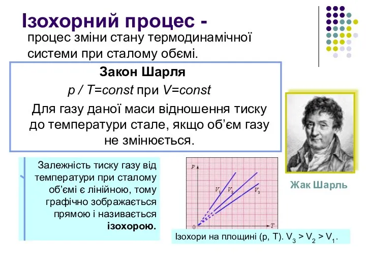 Ізохорний процес - процес зміни стану термодинамічної системи при сталому обємі.