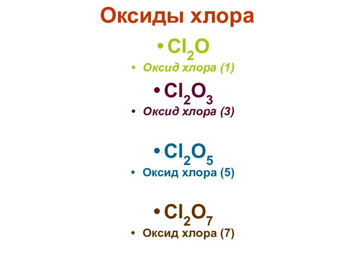 Оксиды хлора Cl2O Оксид хлора (1) Cl2O3 Оксид хлора (3) Cl2O5