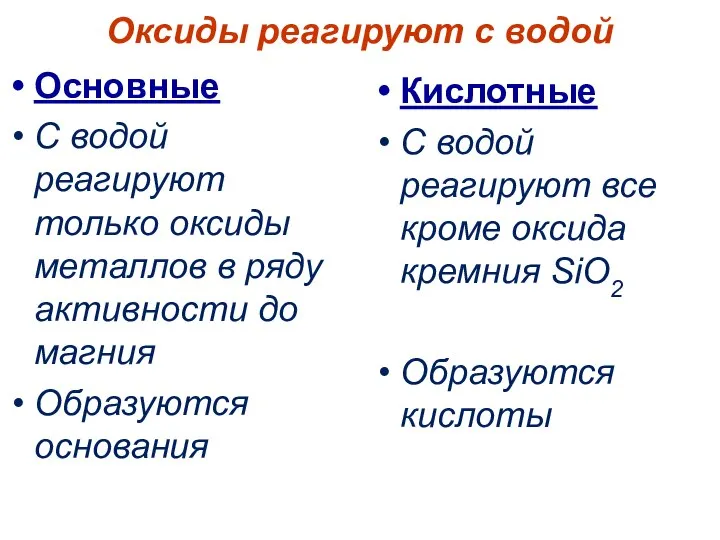 Оксиды реагируют с водой Основные С водой реагируют только оксиды металлов