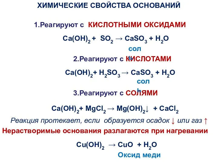 ХИМИЧЕСКИЕ СВОЙСТВА ОСНОВАНИЙ 1.Реагируют с КИСЛОТНЫМИ ОКСИДАМИ 3.Реагируют с СОЛЯМИ 2.Реагируют