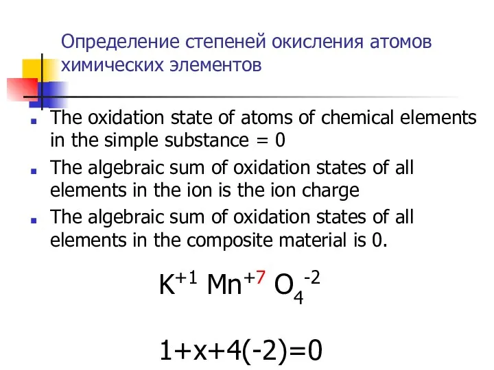 Определение степеней окисления атомов химических элементов The oxidation state of atoms