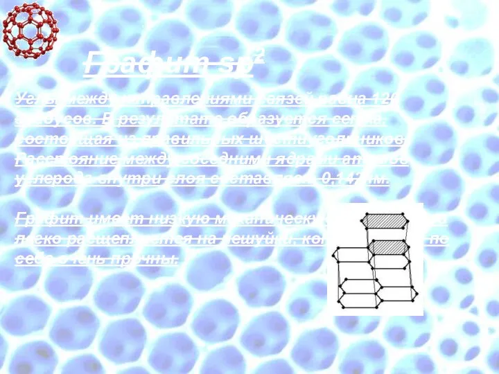 Графит sp2 Углы между направлениями связей равна 120 градусов. В результате