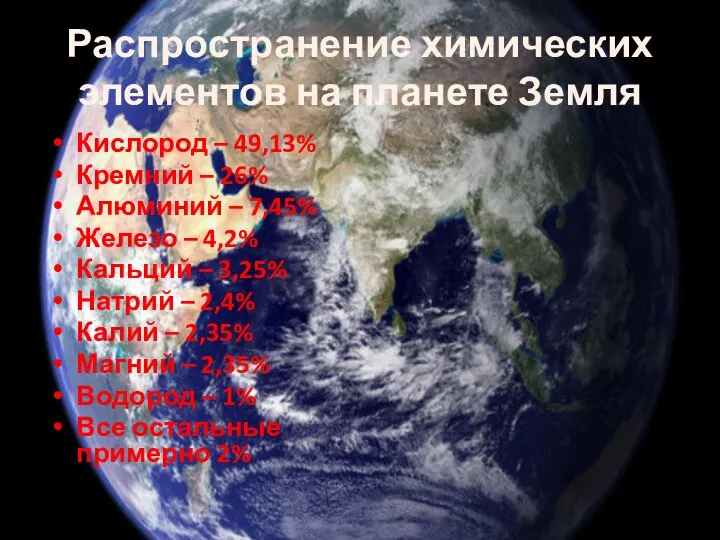 Распространение химических элементов на планете Земля Кислород – 49,13% Кремний –