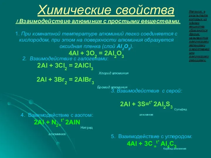 Химические свойства I.Взаимодействие алюминия с простыми веществами. Явления, в результате которых