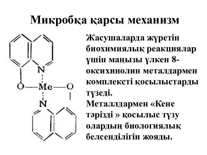 Микробқа қарсы механизм Жасушаларда жүретін биохимиялық реакциялар үшін маңызы үлкен 8-оксихинолин