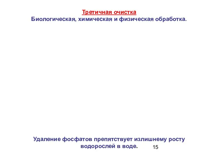 Удаление фосфатов препятствует излишнему росту водорослей в воде. Третичная очистка Биологическая, химическая и физическая обработка.