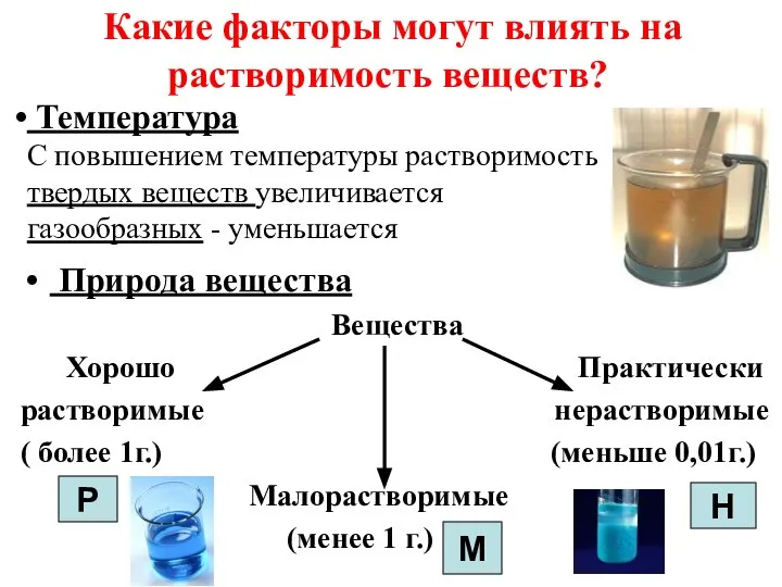 Какие факторы могут влиять на растворимость веществ? Температура С повышением температуры