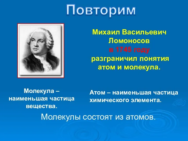 Молекула – наименьшая частица вещества. Михаил Васильевич Ломоносов в 1745 году