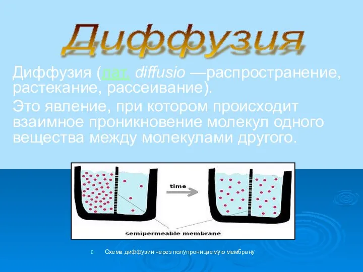 Диффузия (лат. diffusio —распространение, растекание, рассеивание). Это явление, при котором происходит