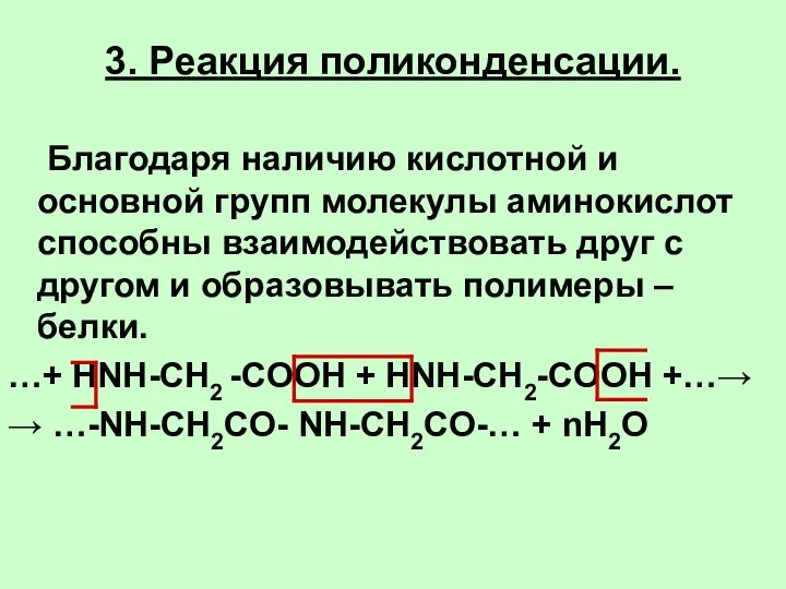 3. Реакция поликонденсации. Благодаря наличию кислотной и основной групп молекулы аминокислот