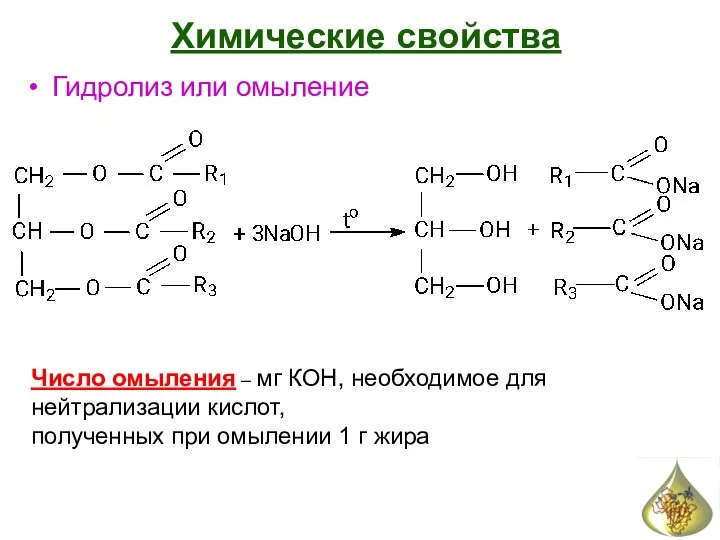 Химические свойства Гидролиз или омыление Число омыления – мг КОН, необходимое