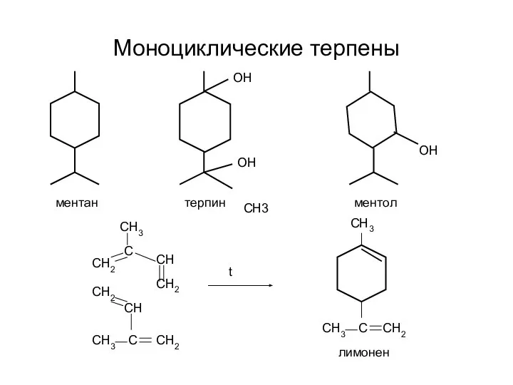 Моноциклические терпены ментан ОН ОН терпин ОН ментол СН3 СН2 С