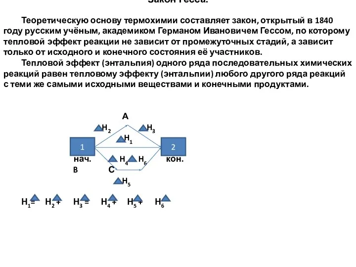 Закон Гесса. Теоретическую основу термохимии составляет закон, открытый в 1840 году