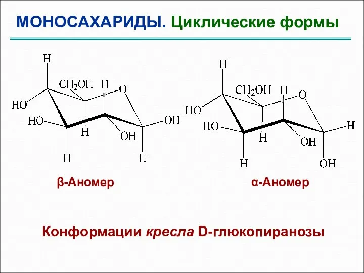 МОНОСАХАРИДЫ. Циклические формы β-Аномер α-Аномер Конформации кресла D-глюкопиранозы