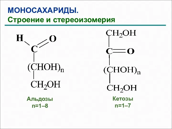 МОНОСАХАРИДЫ. Строение и стереоизомерия Альдозы n=1–8 Кетозы n=1–7