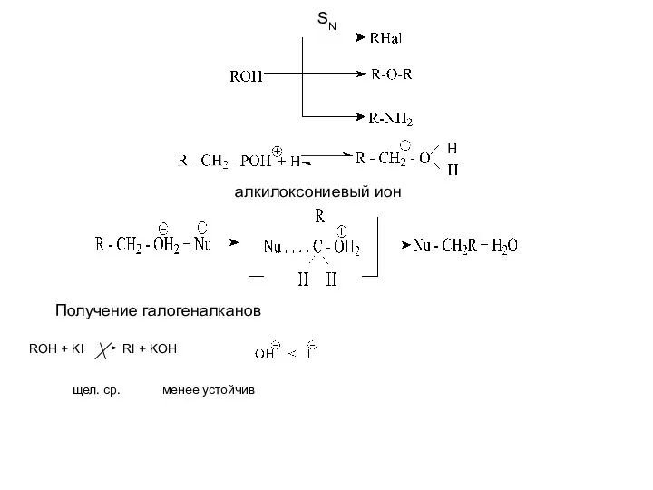 SN алкилоксониевый ион Получение галогеналканов ROH + KI RI + KOH щел. ср. менее устойчив