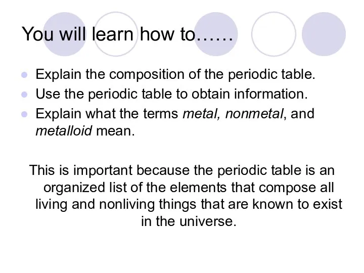 You will learn how to…… Explain the composition of the periodic