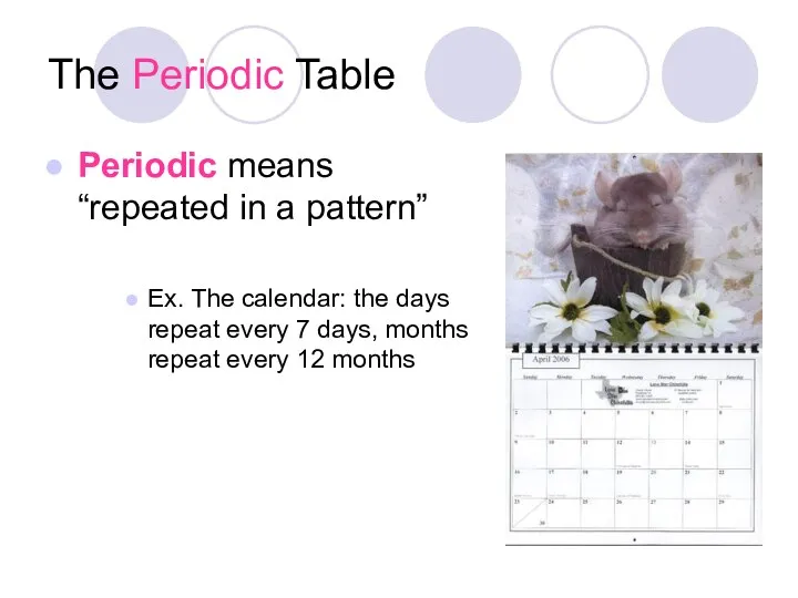 The Periodic Table Periodic means “repeated in a pattern” Ex. The