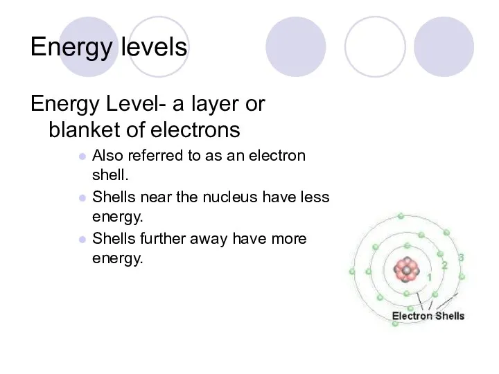 Energy levels Energy Level- a layer or blanket of electrons Also
