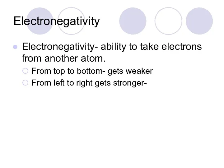 Electronegativity Electronegativity- ability to take electrons from another atom. From top