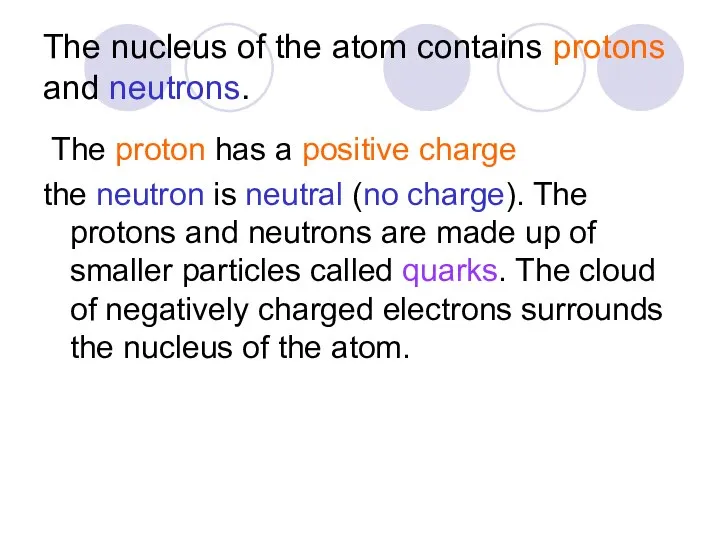 The nucleus of the atom contains protons and neutrons. The proton