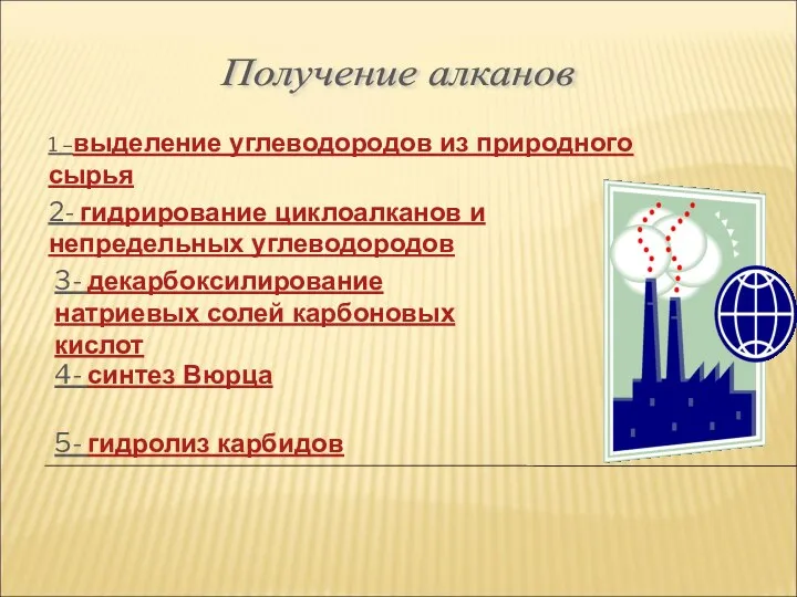 Получение алканов 1 –выделение углеводородов из природного сырья 2- гидрирование циклоалканов