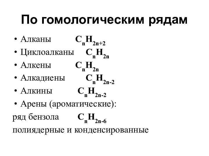 По гомологическим рядам Алканы СnH2n+2 Циклоалканы СnH2n Алкены СnH2n Алкадиены СnH2n-2