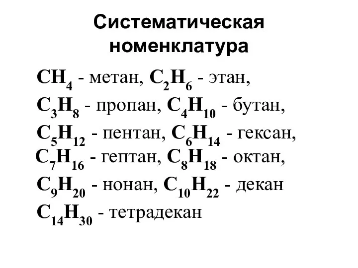 Систематическая номенклатура СН4 - метан, С2Н6 - этан, С3Н8 - пропан,