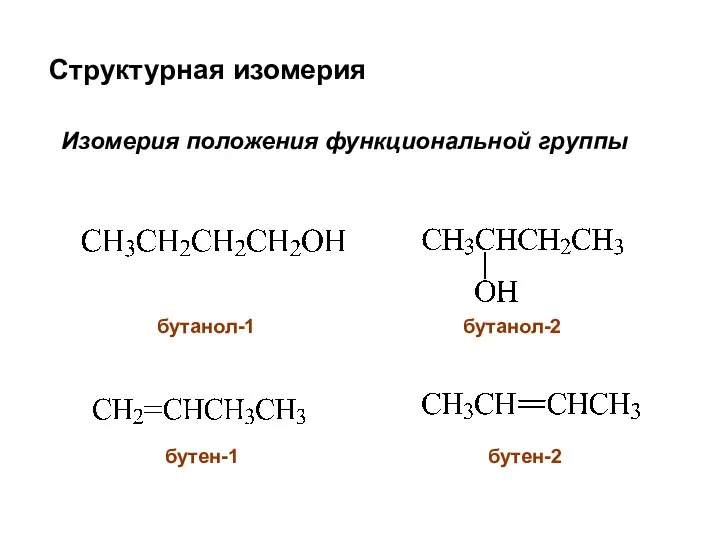 Структурная изомерия Изомерия положения функциональной группы бутанол-1 бутанол-2 бутен-1 бутен-2