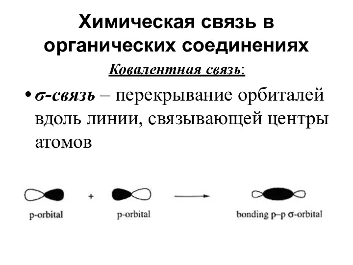 Химическая связь в органических соединениях Ковалентная связь: σ-связь – перекрывание орбиталей вдоль линии, связывающей центры атомов