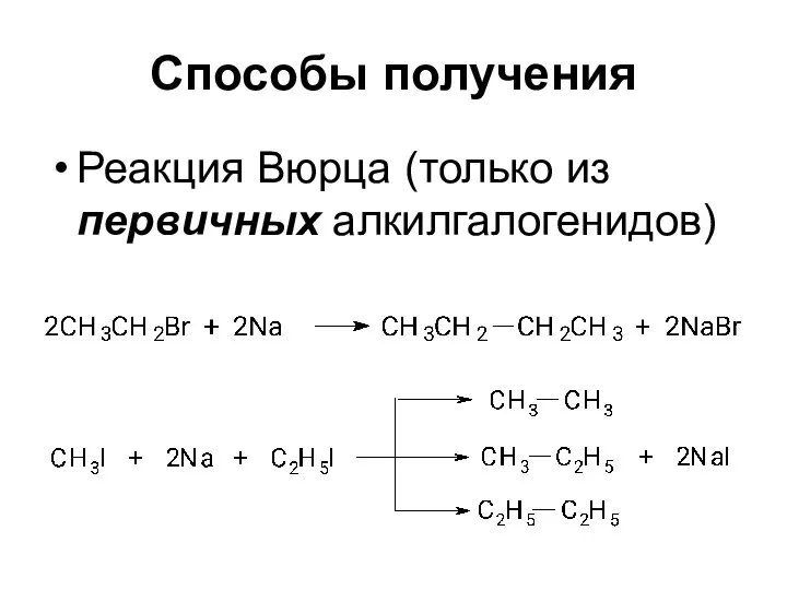 Способы получения Реакция Вюрца (только из первичных алкилгалогенидов)