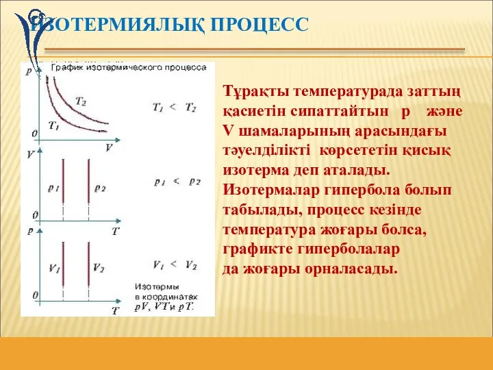 ИЗОТЕРМИЯЛЫҚ ПРОЦЕСС Тұрақты температурада заттың қасиетін сипаттайтын p және V шамаларының